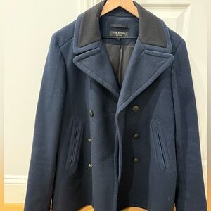 rag & bone navy pea coat with black details in collar.